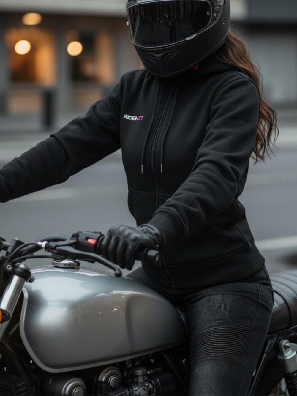 RIDERACT® Motorcycle Zipper Black Women Hoodie Reinforced With Aramid Fiber NEW